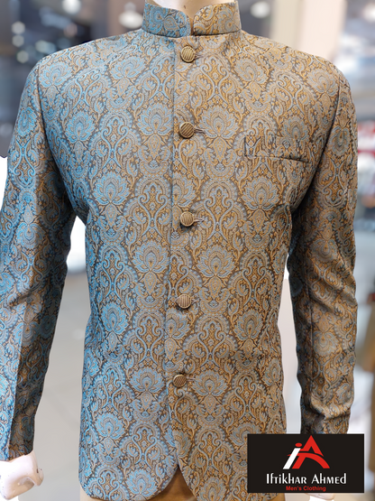 Sea Green with Copper Emboss Prince Coat - Jamawar Fabric