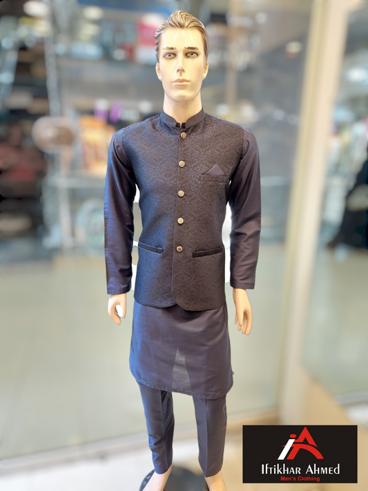 Navy Blue with Black Embroidery - Waist coat fabric Masoori