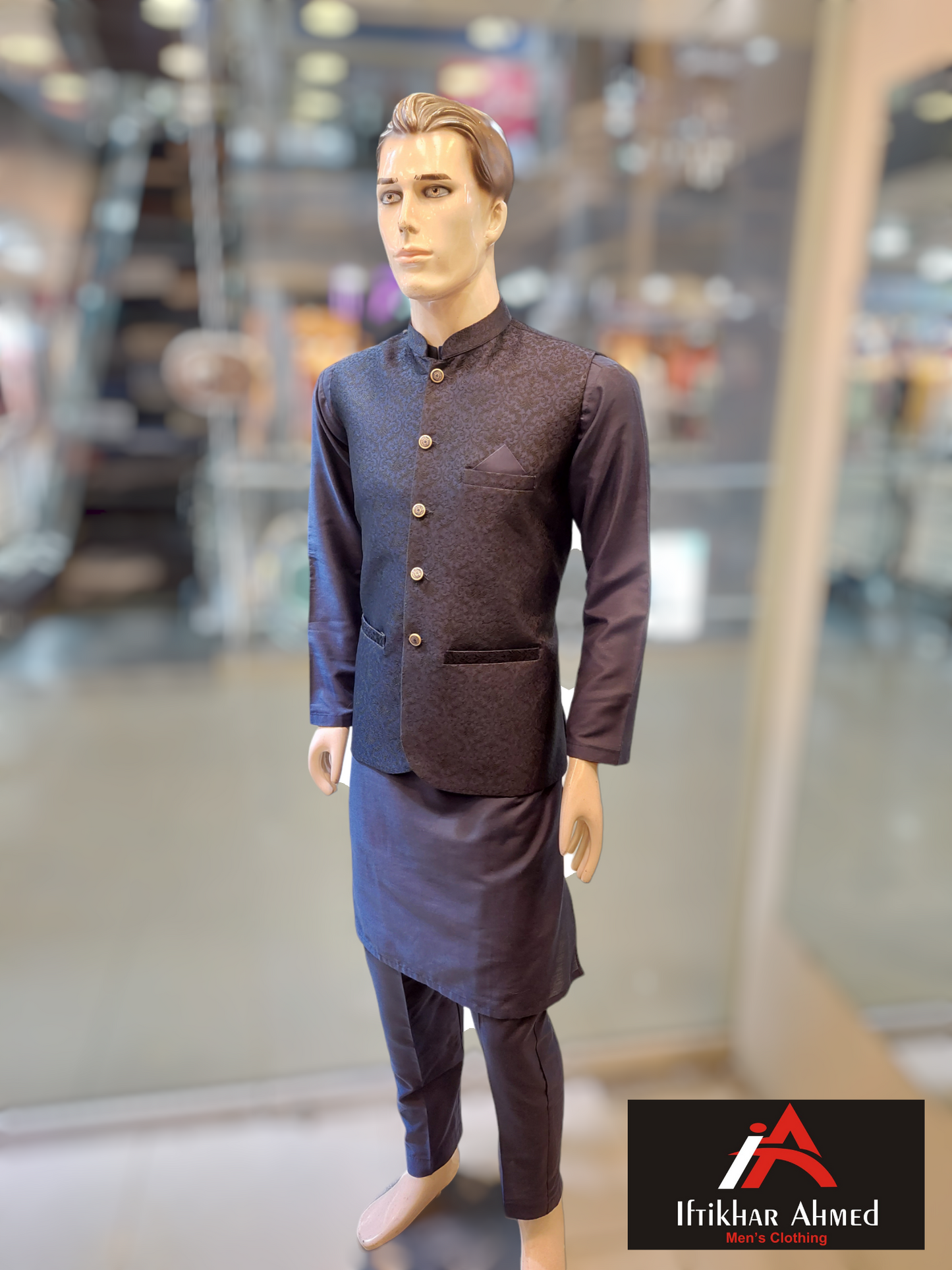 Navy Blue with Black Embroidery - Waist coat fabric Masoori