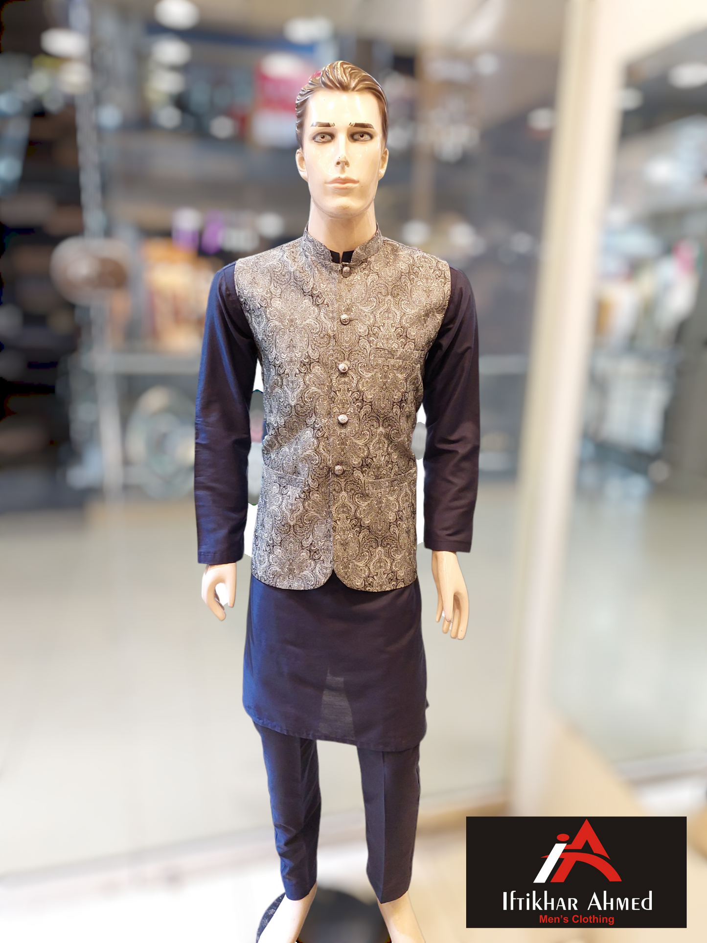 Grey with Black Embose Waist Coat – Jamawar