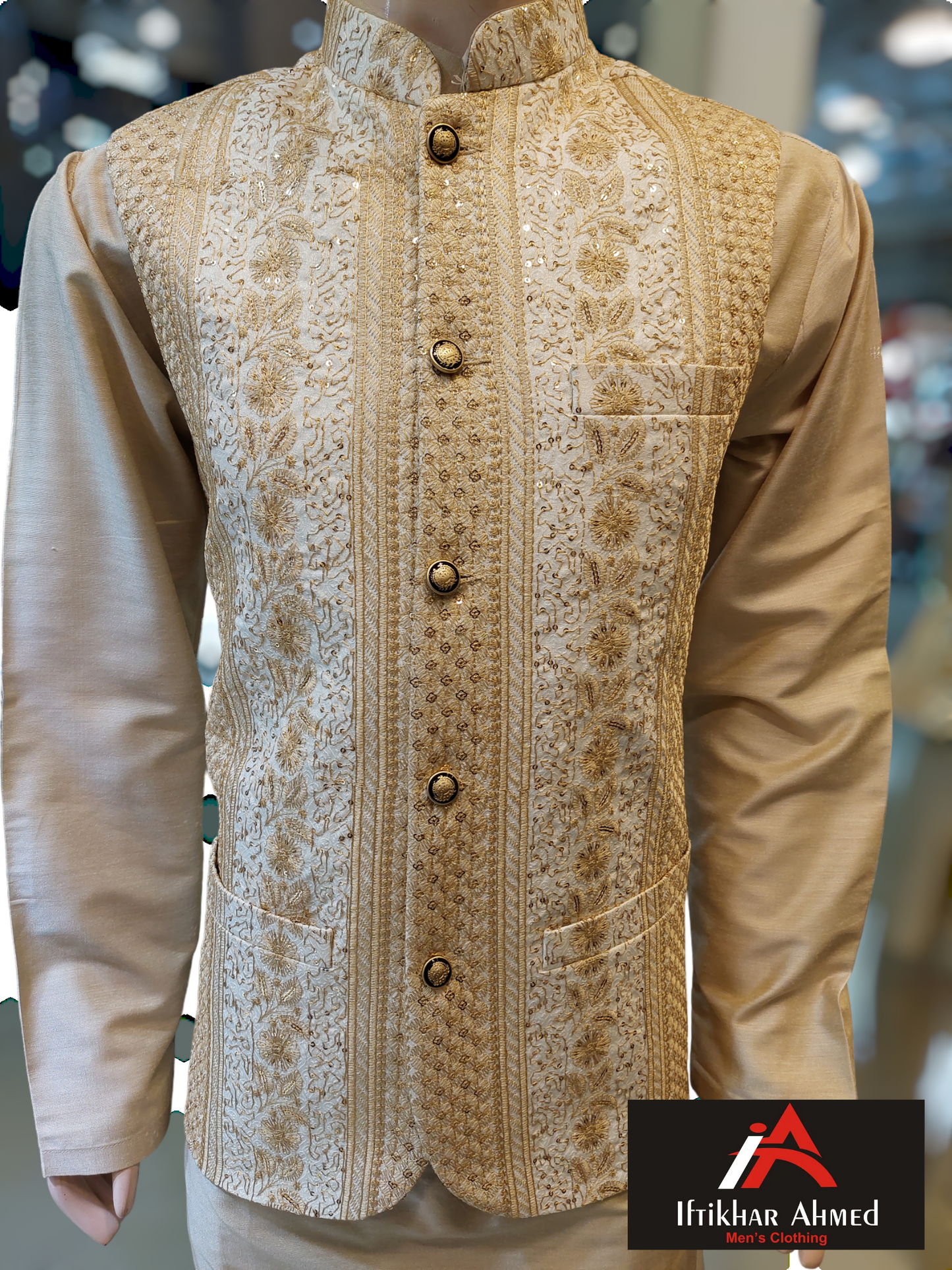 White with Beige Embroidery - Waist coat fabric Masoori