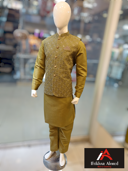 Dhani Green with Sequence Mirror Work - Waist coat fabric Masoori