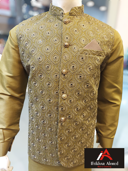 Dhani Green with Sequence Mirror Work - Waist coat fabric Masoori