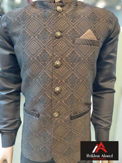 Brown with Black Embroidery - Waist coat fabric Masoori