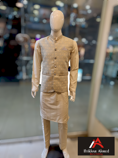 Light Grey With Beige Emboss - Waist Coat – Fabric Jamawar