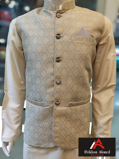 Light Grey With Beige Emboss - Waist Coat – Fabric Jamawar