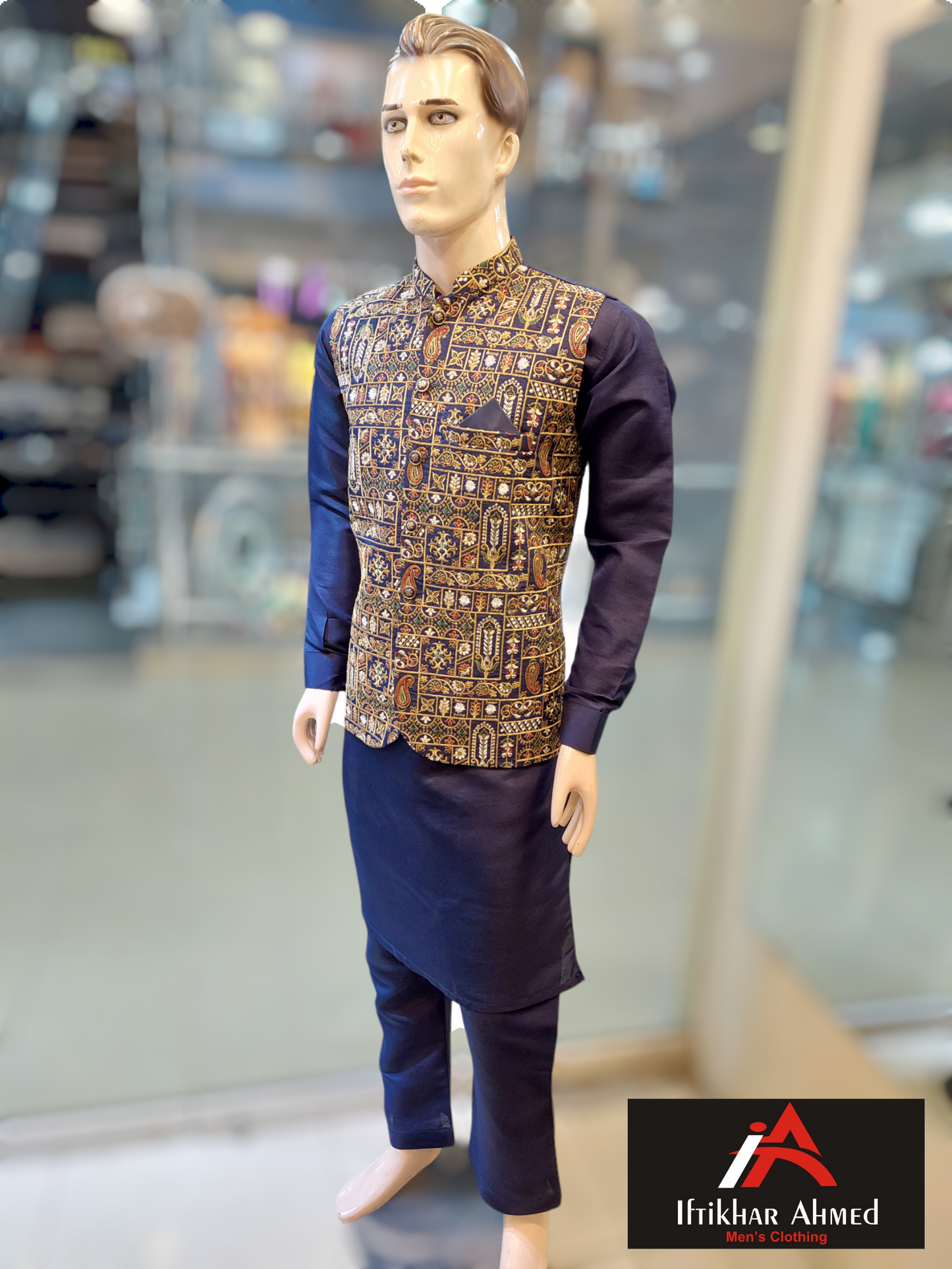 Navy Blue with Golden Embroidery - Waist coat fabric Masoori