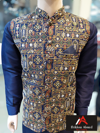 Navy Blue with Golden Embroidery - Waist coat fabric Masoori