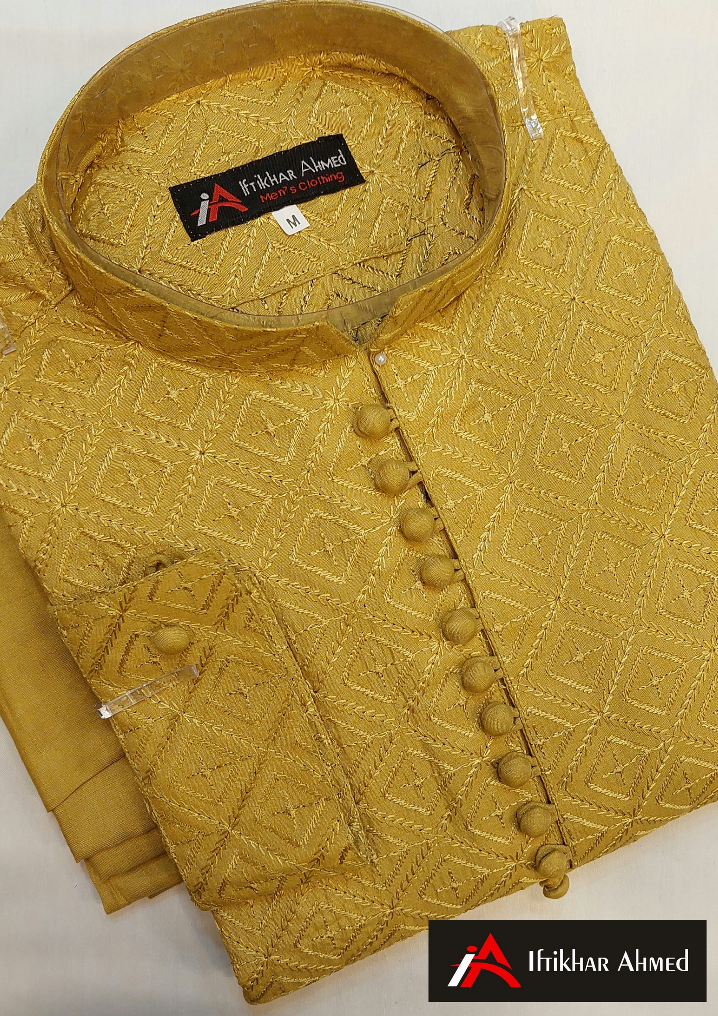 Dark Golden Kurta Pajama - Masoori Work- Cotton Silk Fabric