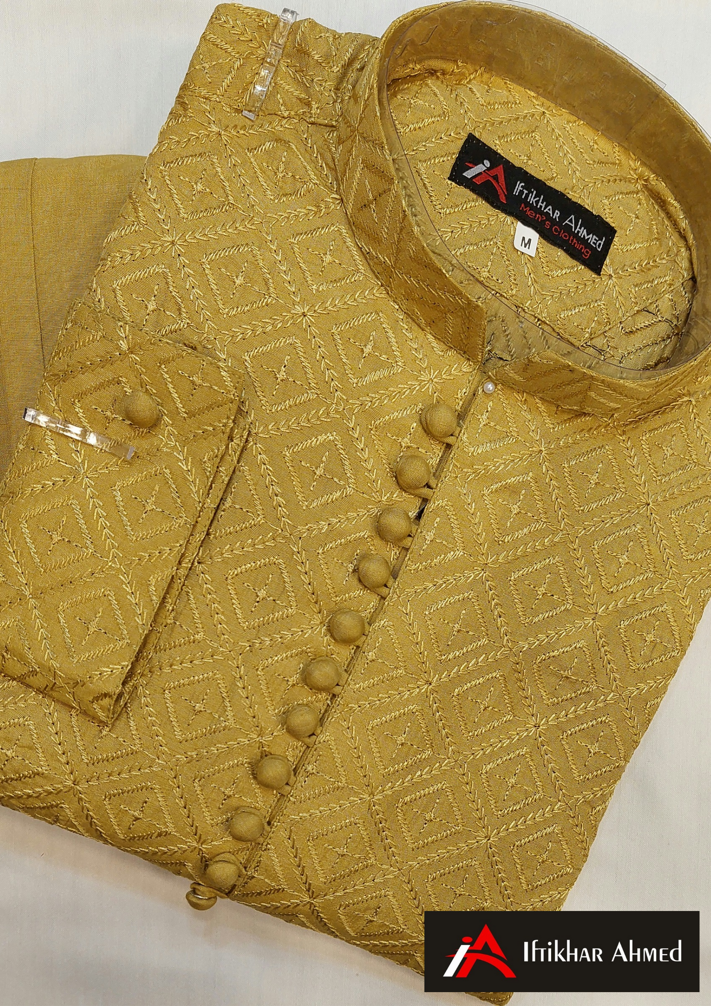 Dark Golden Kurta Pajama - Masoori Work- Cotton Silk Fabric