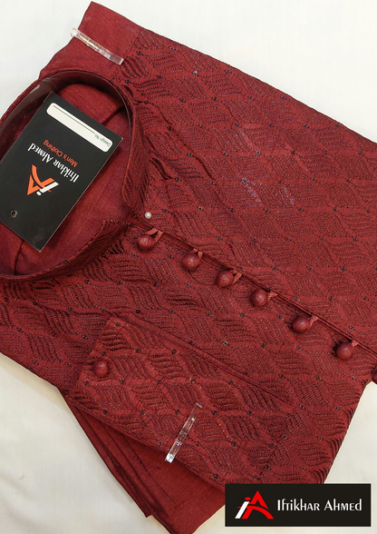 Maroon - Kurta Pajama - Masoori Sequence Work- Raw Silk Fabric