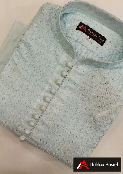 Sky Blue - Kurta Pajama - Masoori Sequence Work-Cotton Silk Fabric