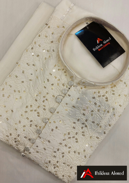 Off White - Kurta Pajama - Masoori Sequence Work - Raw Silk Fabric