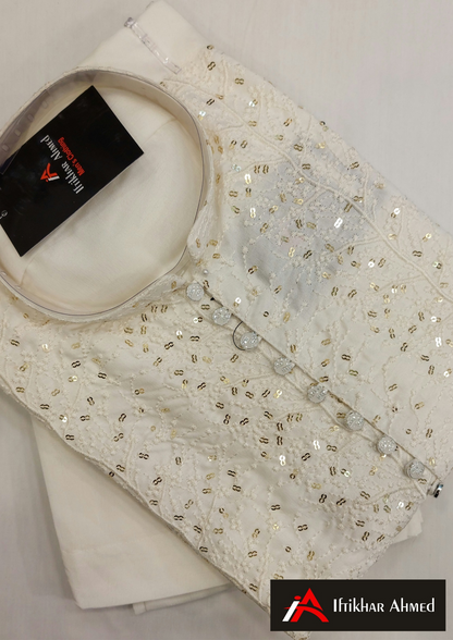 Off White - Kurta Pajama - Masoori Sequence Work - Raw Silk Fabric