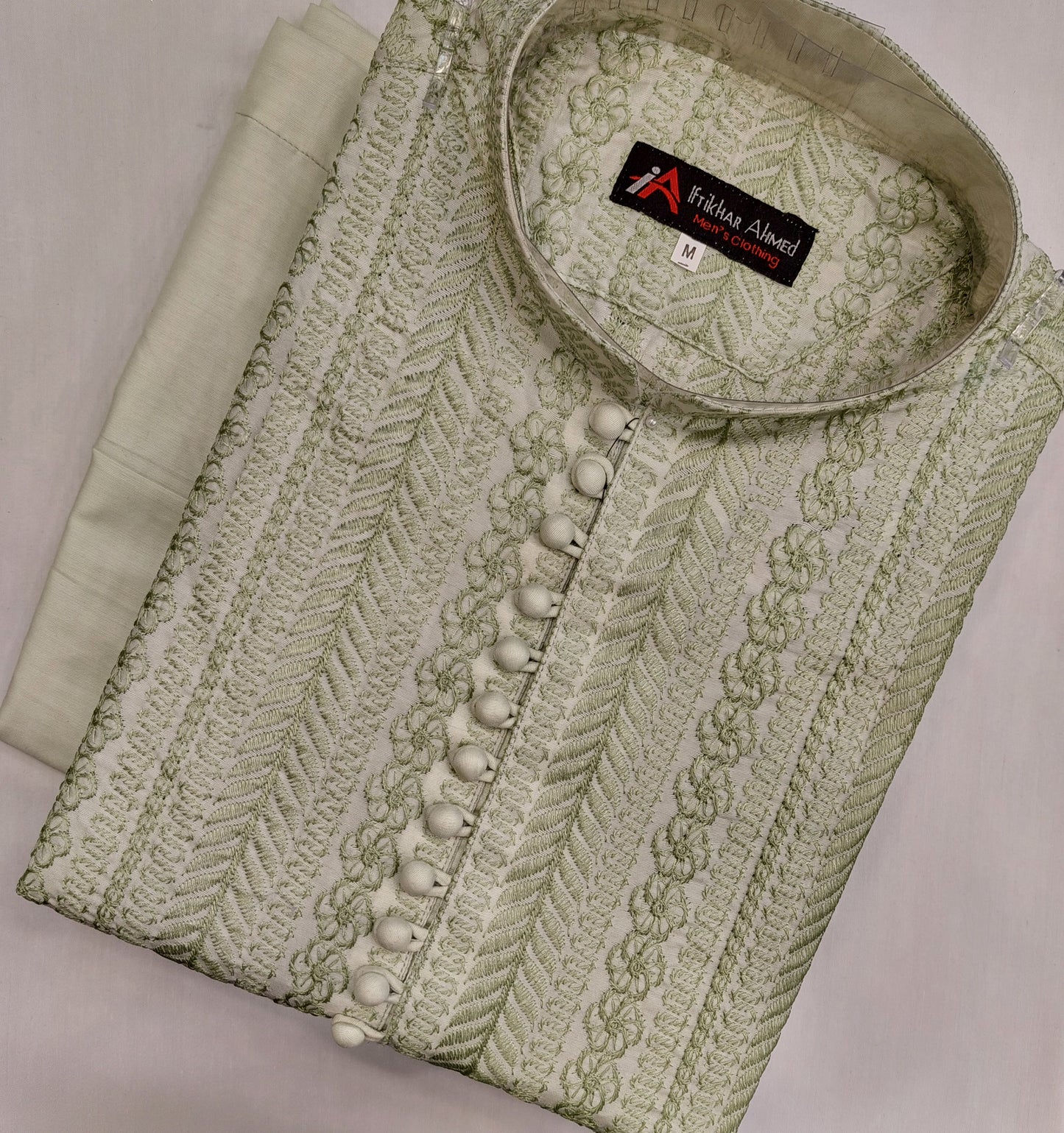 Pistachio Green - Kurta Pajama - Masoori Work- Cotton Silk Fabric