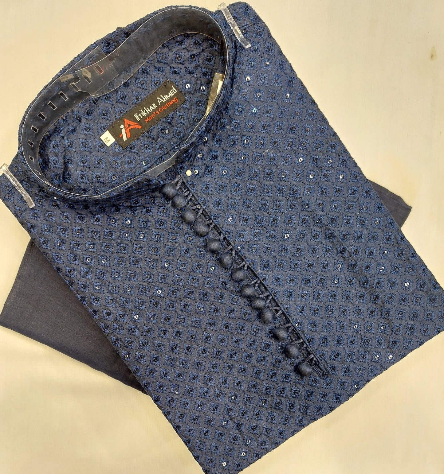 Navy Blue - Kurta Pajama - Masoori Sequence Work- Cotton Silk Fabric