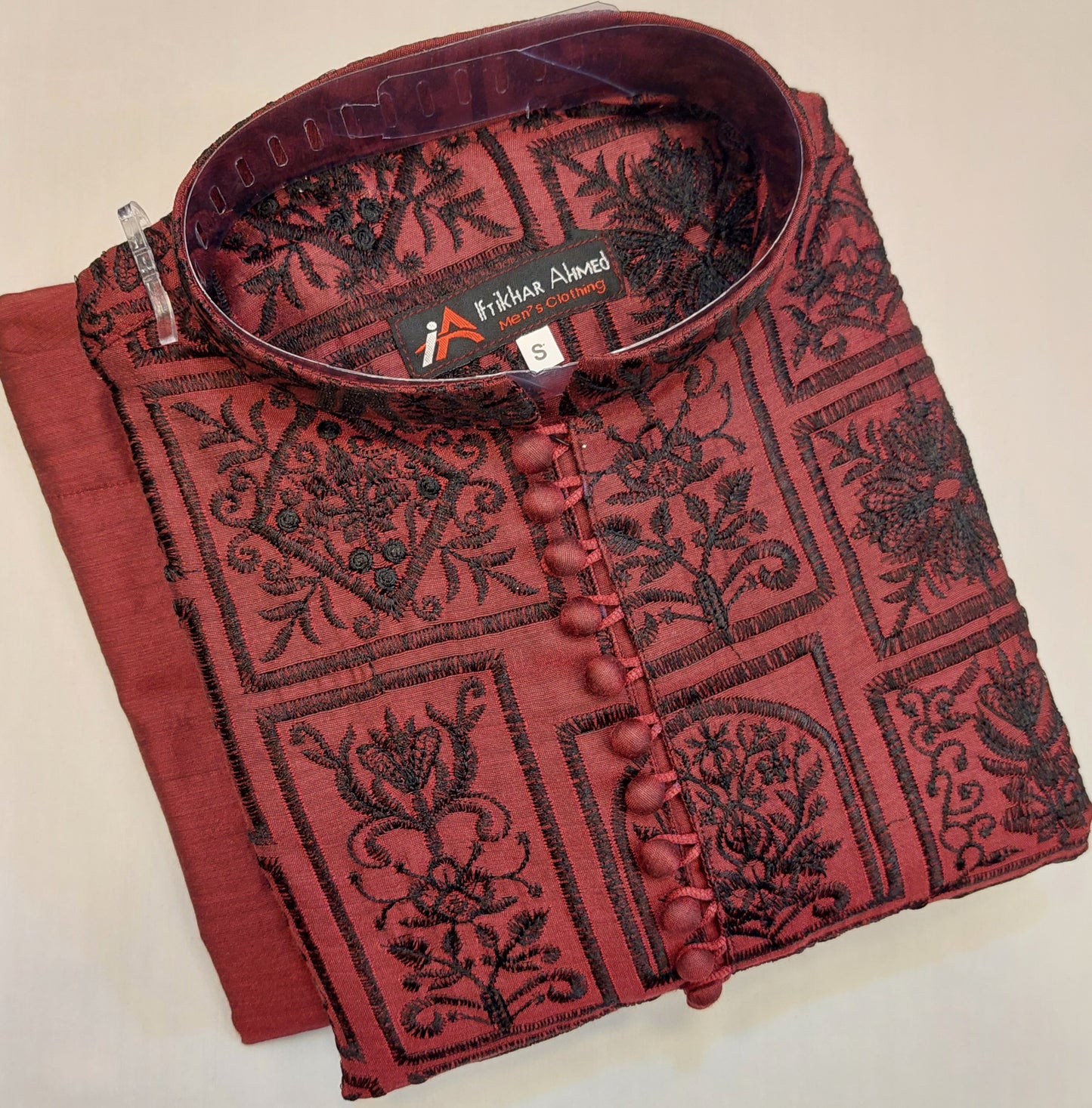 Maroon With Black Embroidery - Kurta Pajama - Masoori Sequence Work - Cotton Silk Fabric