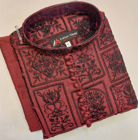 Maroon With Black Embroidery - Kurta Pajama - Masoori Sequence Work - Cotton Silk Fabric