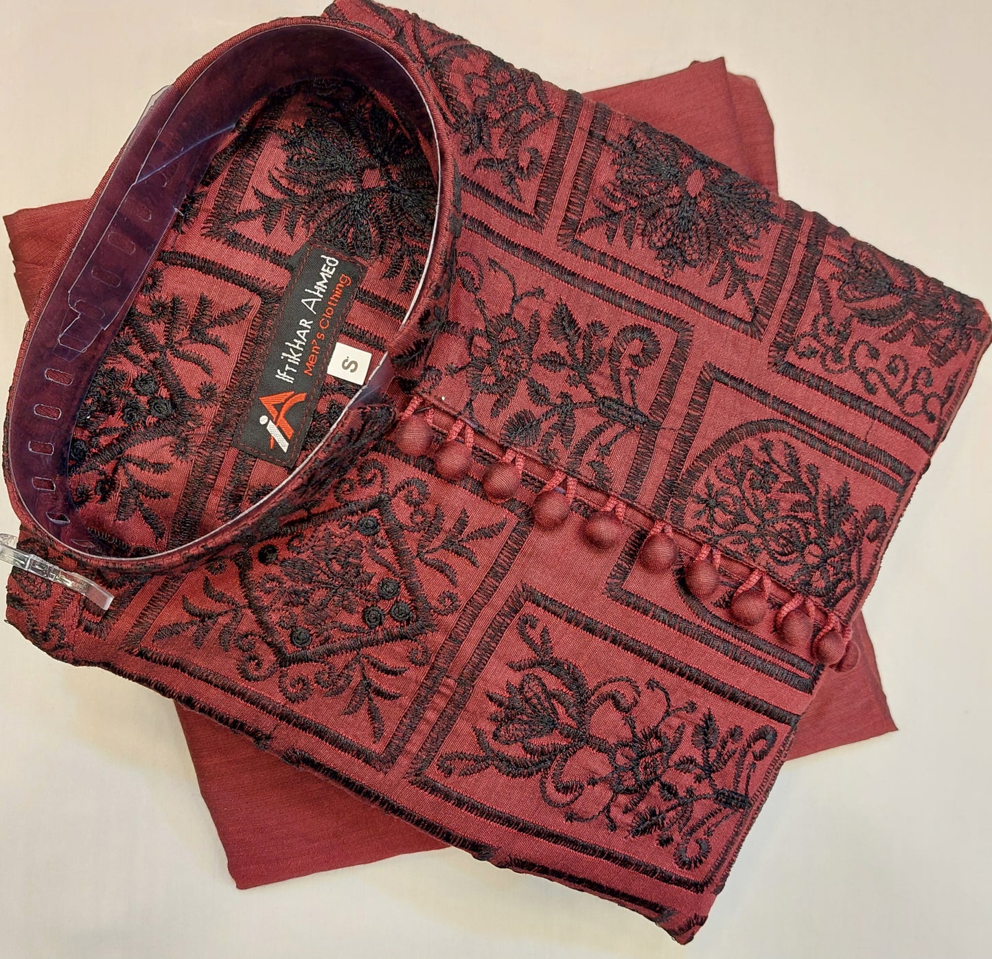 Maroon With Black Embroidery - Kurta Pajama - Masoori Sequence Work - Cotton Silk Fabric