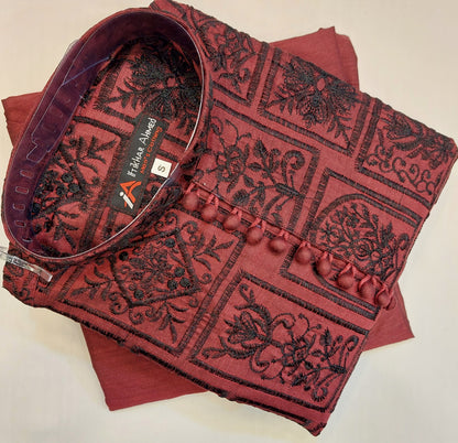 Maroon With Black Embroidery - Kurta Pajama - Masoori Sequence Work - Cotton Silk Fabric