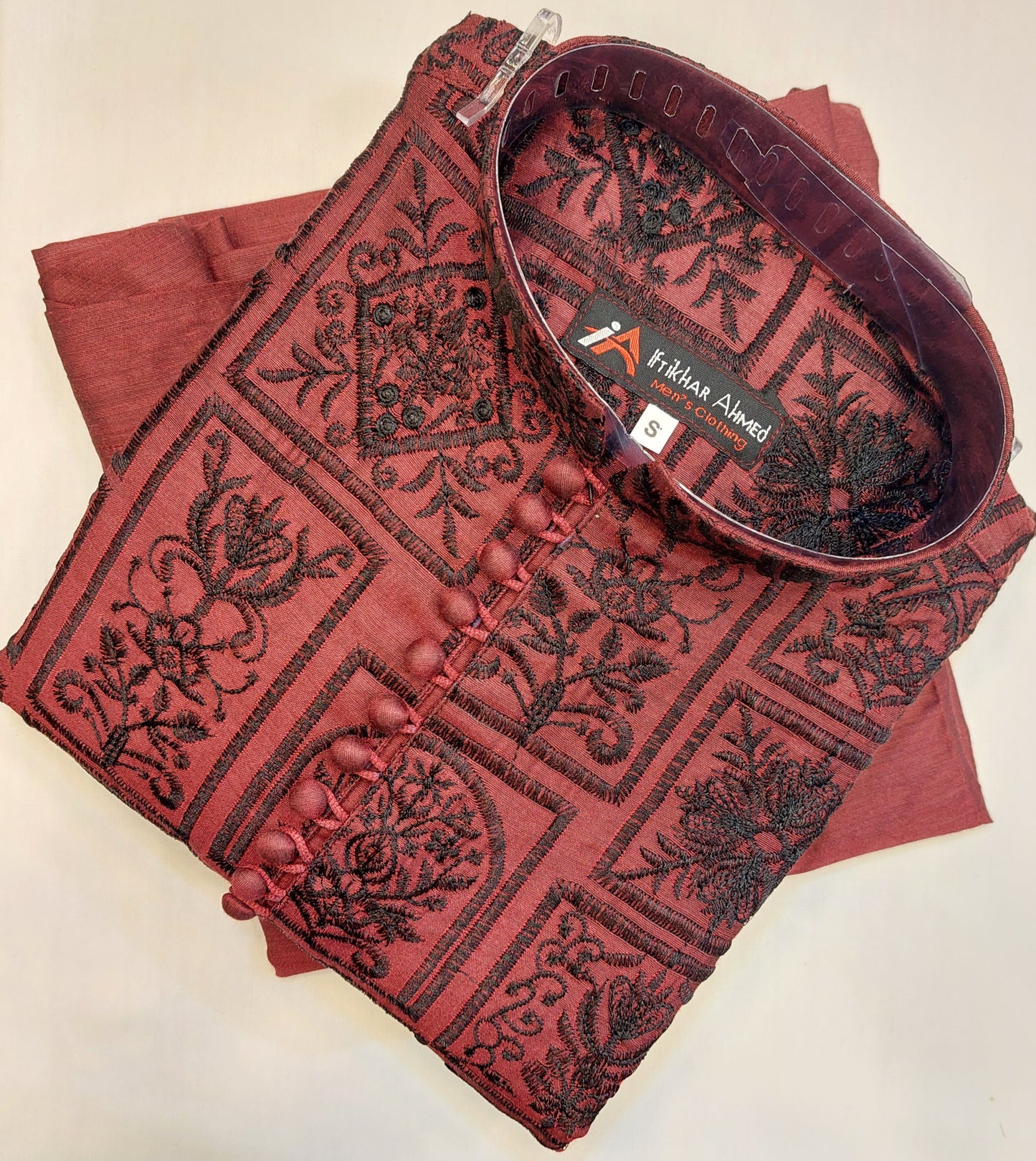 Maroon With Black Embroidery - Kurta Pajama - Masoori Sequence Work - Cotton Silk Fabric