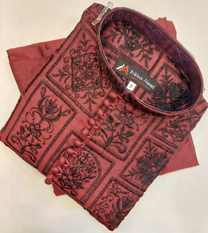 Maroon With Black Embroidery - Kurta Pajama - Masoori Sequence Work - Cotton Silk Fabric