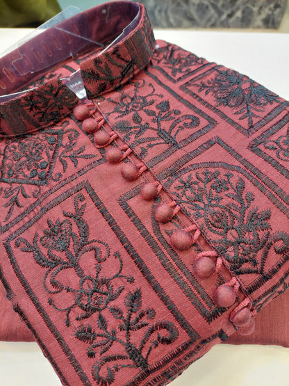 Maroon With Black Embroidery - Kurta Pajama - Masoori Sequence Work - Cotton Silk Fabric