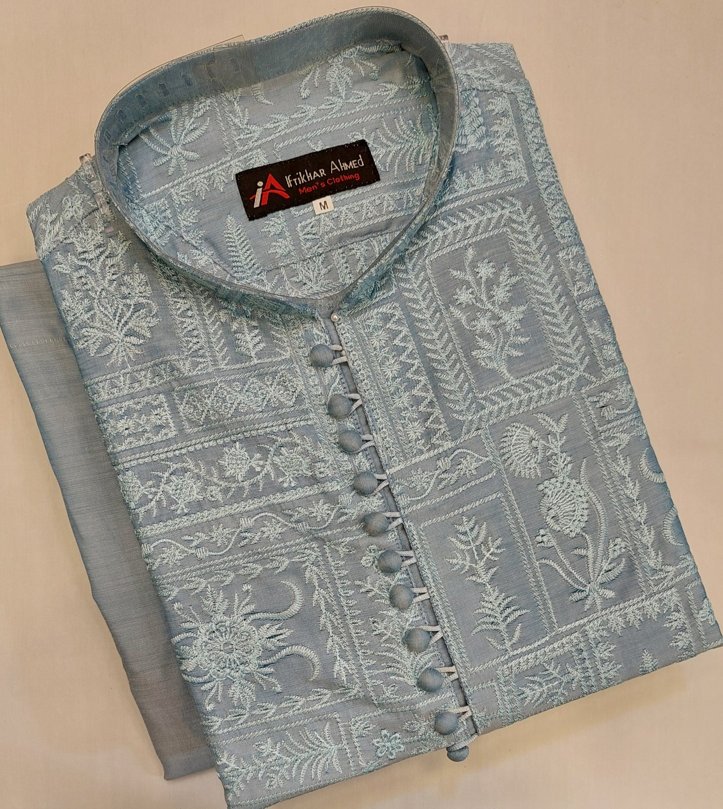 Sky Blue - Kurta Pajama - Masoori Sequence Work - Cotton Silk Fabric