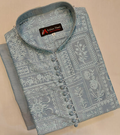 Sky Blue - Kurta Pajama - Masoori Sequence Work - Cotton Silk Fabric