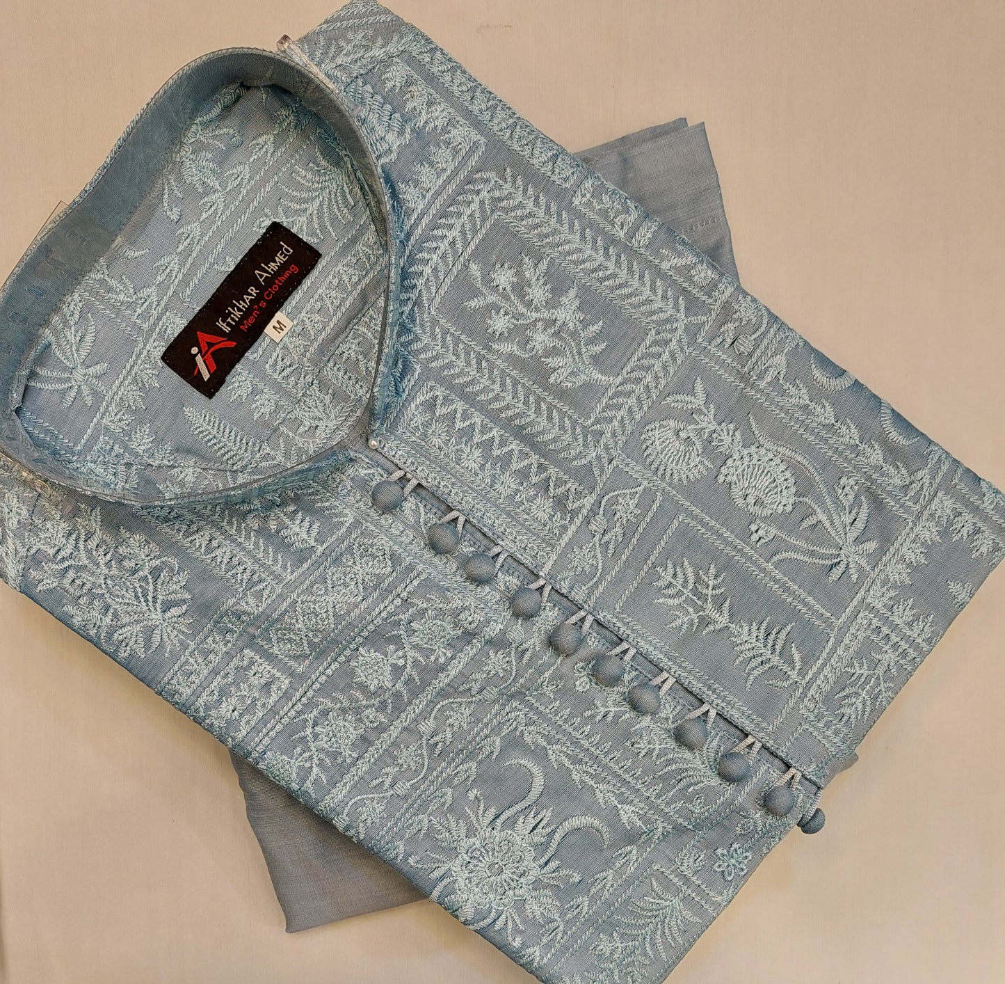 Sky Blue - Kurta Pajama - Masoori Sequence Work - Cotton Silk Fabric
