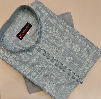 Sky Blue - Kurta Pajama - Masoori Sequence Work - Cotton Silk Fabric