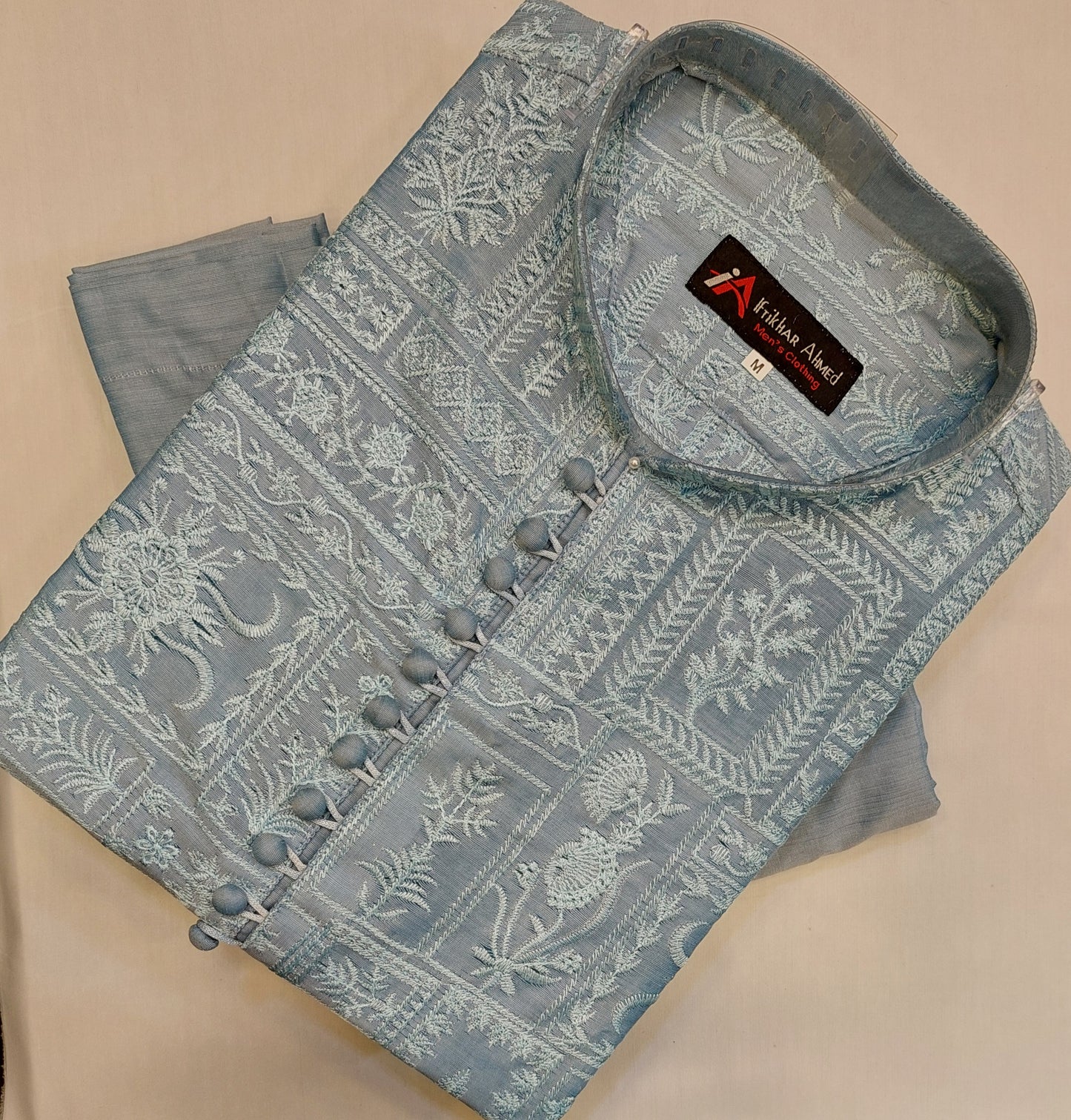 Sky Blue - Kurta Pajama - Masoori Sequence Work - Cotton Silk Fabric