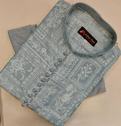 Sky Blue - Kurta Pajama - Masoori Sequence Work - Cotton Silk Fabric