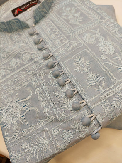 Sky Blue - Kurta Pajama - Masoori Sequence Work - Cotton Silk Fabric