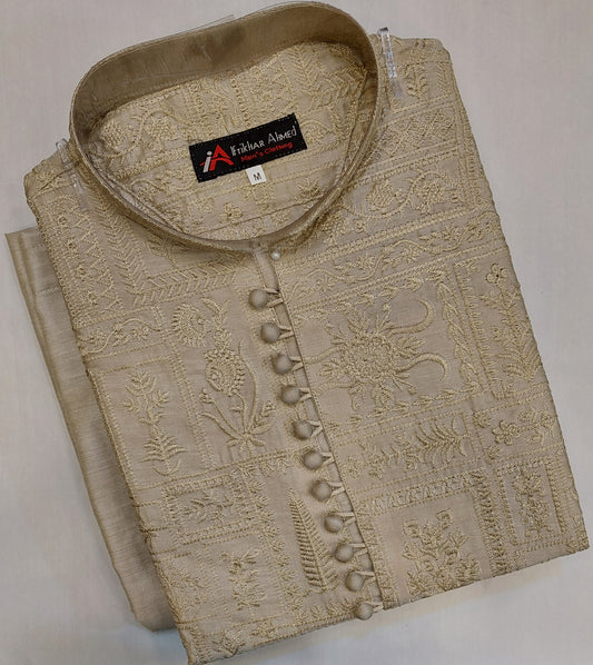 Light Beige - Kurta Pajama - Masoori Sequence Work - Cotton Silk Fabric