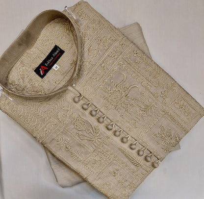 Light Beige - Kurta Pajama - Masoori Sequence Work - Cotton Silk Fabric