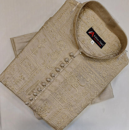 Light Beige - Kurta Pajama - Masoori Sequence Work - Cotton Silk Fabric