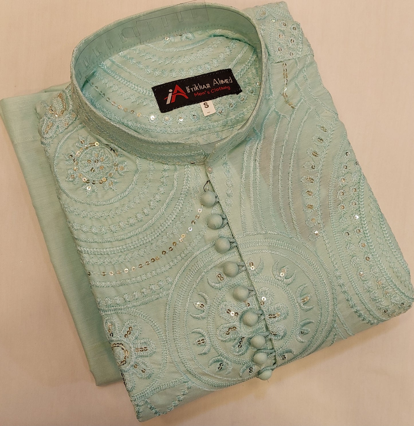 Sea Green - Kurta Pajama - Masoori Sequence Work - Cotton Silk Fabric