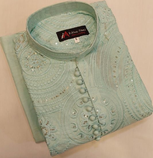 Sea Green - Kurta Pajama - Masoori Sequence Work - Cotton Silk Fabric