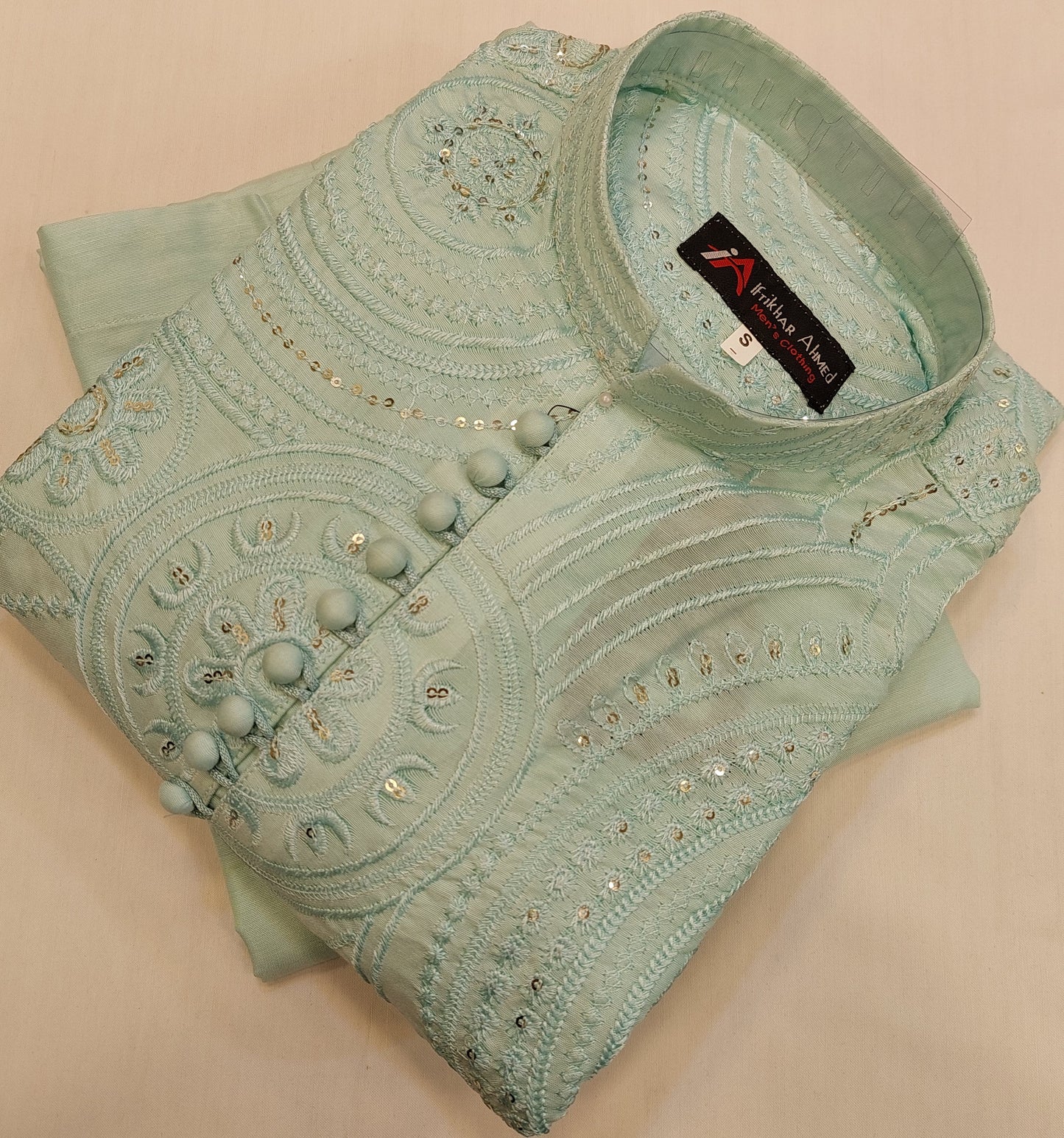 Sea Green - Kurta Pajama - Masoori Sequence Work - Cotton Silk Fabric