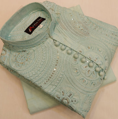 Sea Green - Kurta Pajama - Masoori Sequence Work - Cotton Silk Fabric