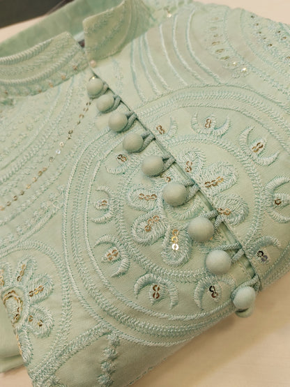Sea Green - Kurta Pajama - Masoori Sequence Work - Cotton Silk Fabric