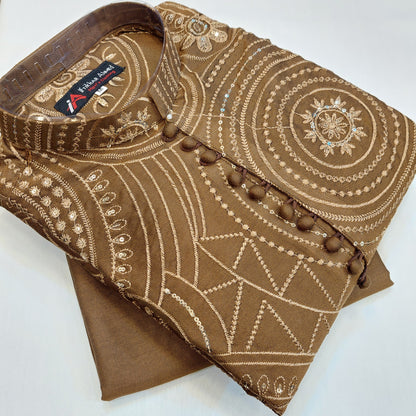 Brown - Kurta Pajama - Masoori Sequence Work - Cotton Silk Fabric