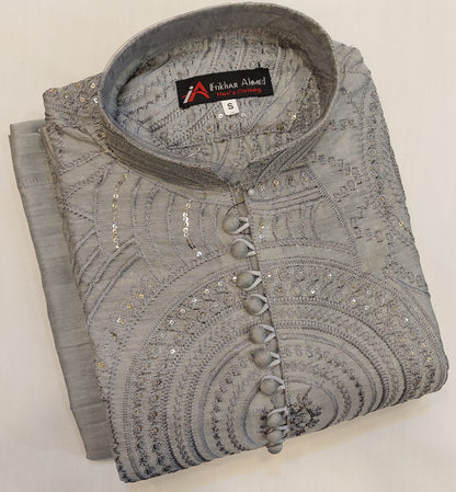 Steel Grey - Kurta Pajama - Masoori Sequence Work - Cotton Silk Fabric