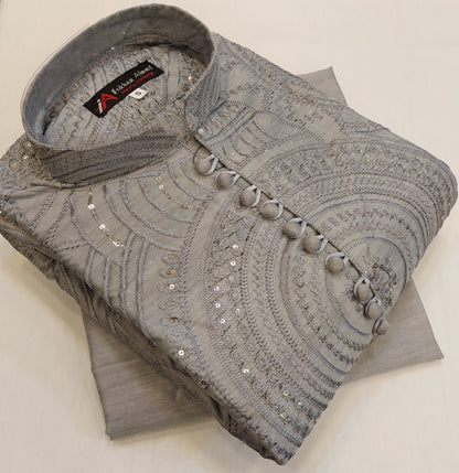 Steel Grey - Kurta Pajama - Masoori Sequence Work - Cotton Silk Fabric