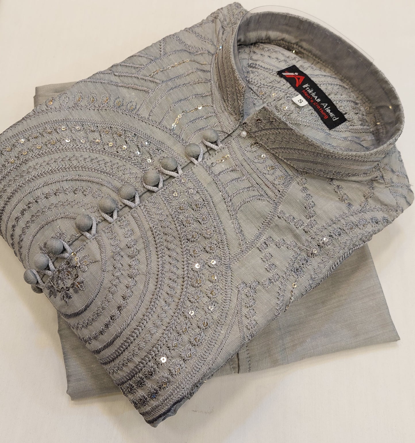 Steel Grey - Kurta Pajama - Masoori Sequence Work - Cotton Silk Fabric