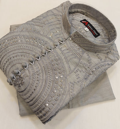 Steel Grey - Kurta Pajama - Masoori Sequence Work - Cotton Silk Fabric