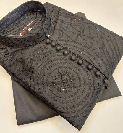Black - Kurta Pajama - Masoori Sequence Work - Cotton Silk Fabric