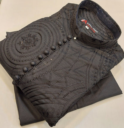 Black - Kurta Pajama - Masoori Sequence Work - Cotton Silk Fabric