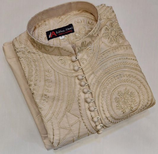 Light Beige - Kurta Pajama - Masoori Sequence Work - Cotton Silk Fabric